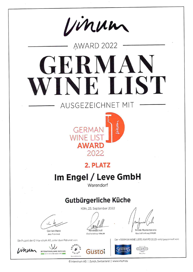 German Wine List Award 2022 - 2. Place for Im Engel / Leve GmbH